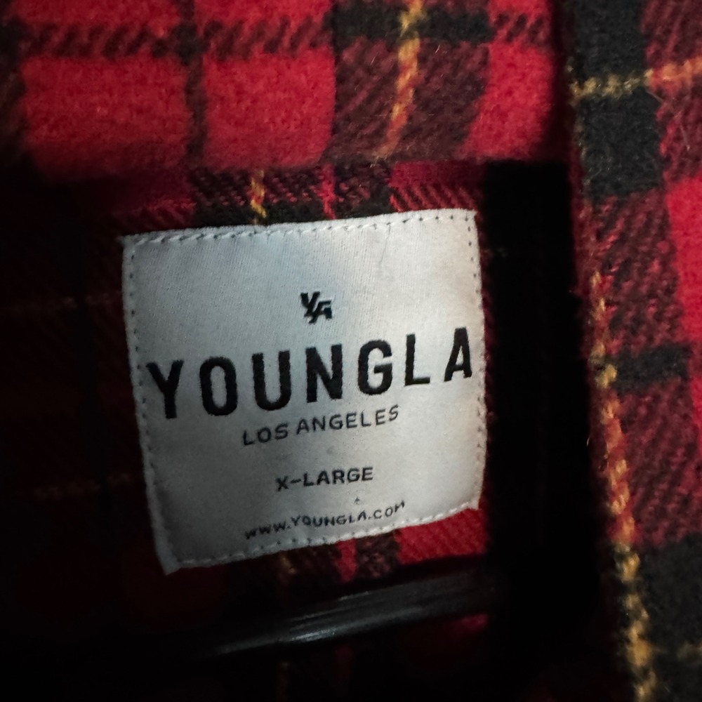YoungLA Hooded Flannel Shirt Jacket Mens XL Red Black Plaid Shacket Hoodie - Picture 4 of 8